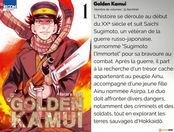 Couverture du tome 1 de Golden Kamui chez Ki-oon, avec sa fiche&nbsp;: 31 volumes, terminé, et résumé