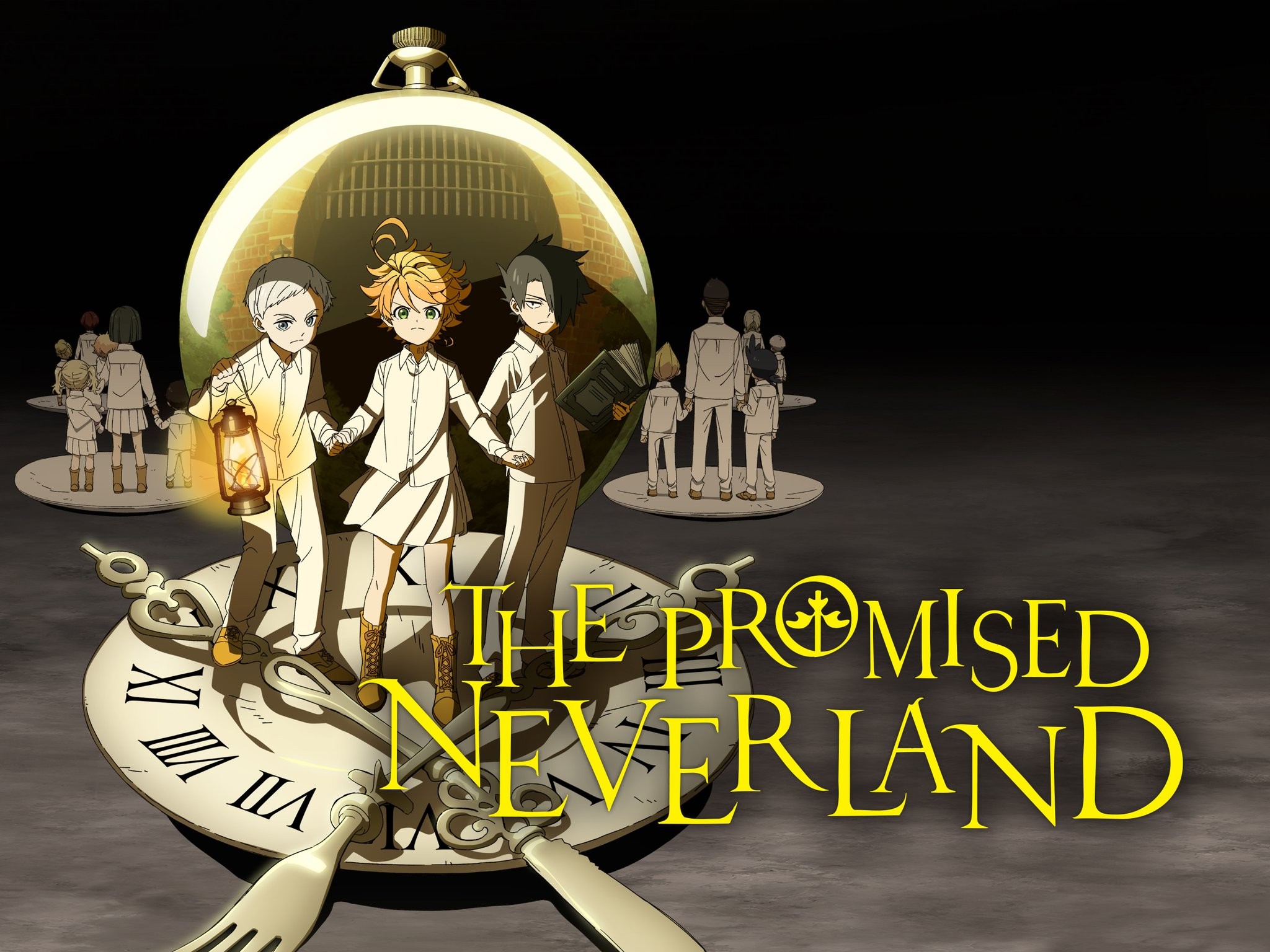 Visuel de l’anime The Promised Neverland&nbsp;: Norman, Emma et Ray dans une montre à gousset