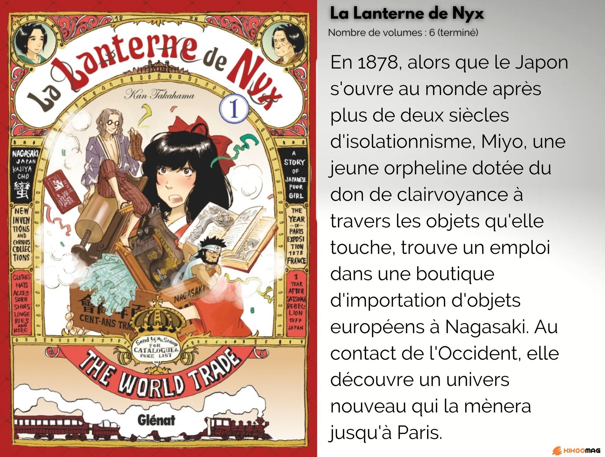 Couverture du tome 1 de La Lanterne de Nyx chez Glénat, avec sa fiche&nbsp;: 6 volumes, terminé, et résumé