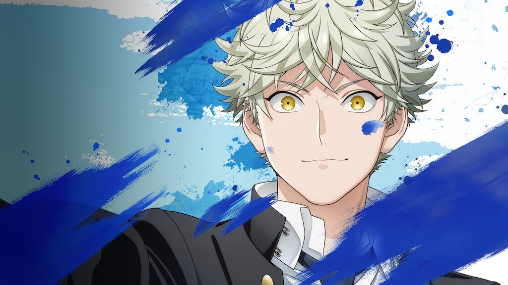 Visuel de l’anime Blue Period&nbsp;: Yatora en uniforme, le visage taché de peinture bleue