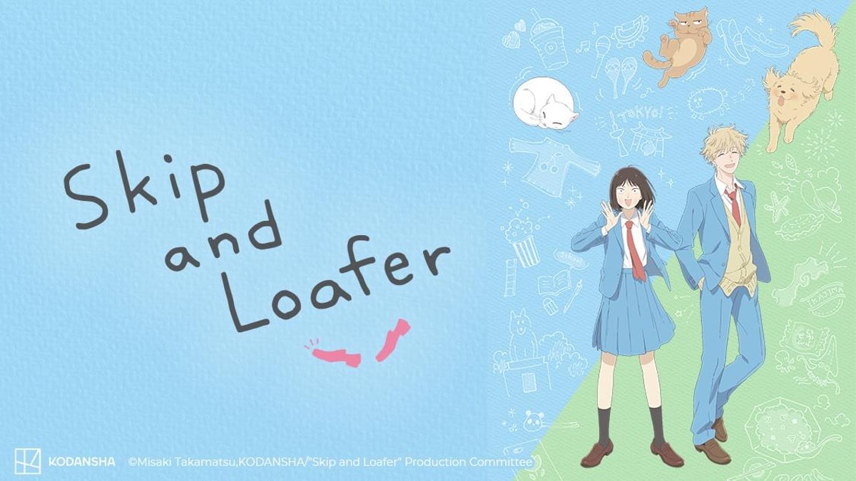 Visuel de l’anime Skip and Loafer&nbsp;: Mitsumi et Shima en uniforme bleu, entourés de dessins