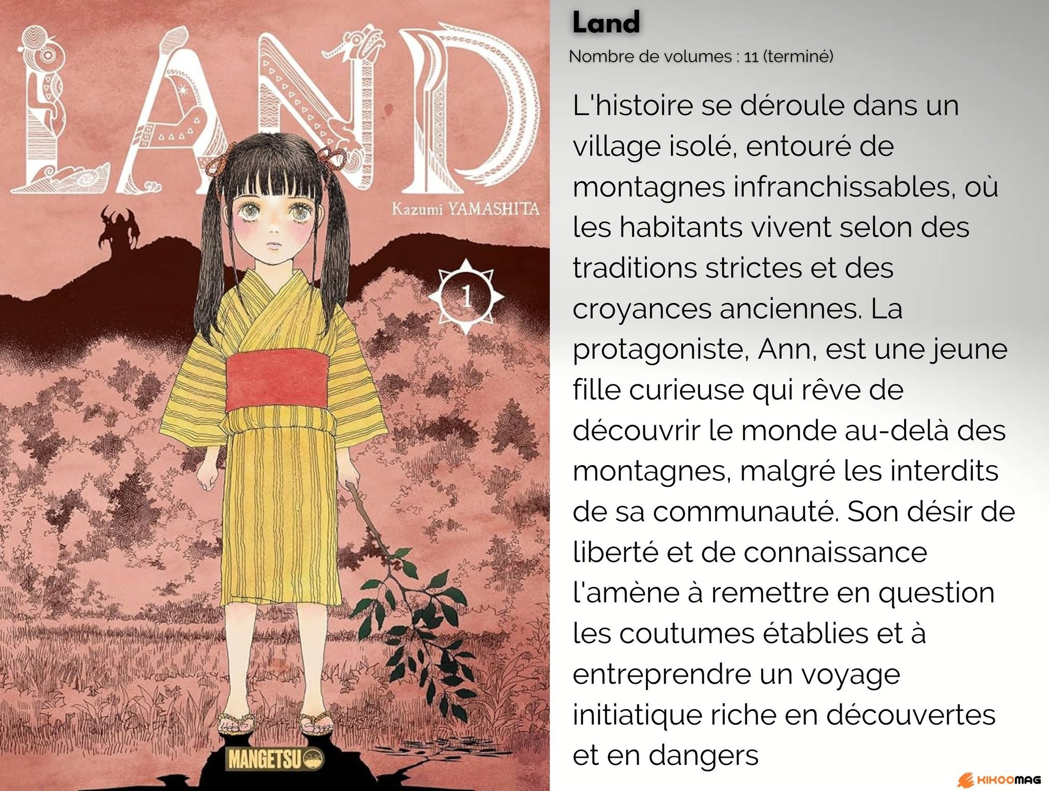 Couverture du tome 1 de Land de Kazumi Yamashita, avec sa fiche&nbsp;: 11 volumes, terminé, et résumé