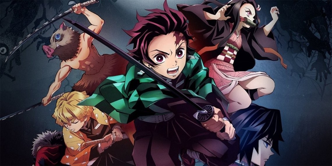 Visuel de l’anime Demon Slayer&nbsp;: Tanjirō sabre en main, entouré de Nezuko, Zenitsu, Inosuke et Giyū