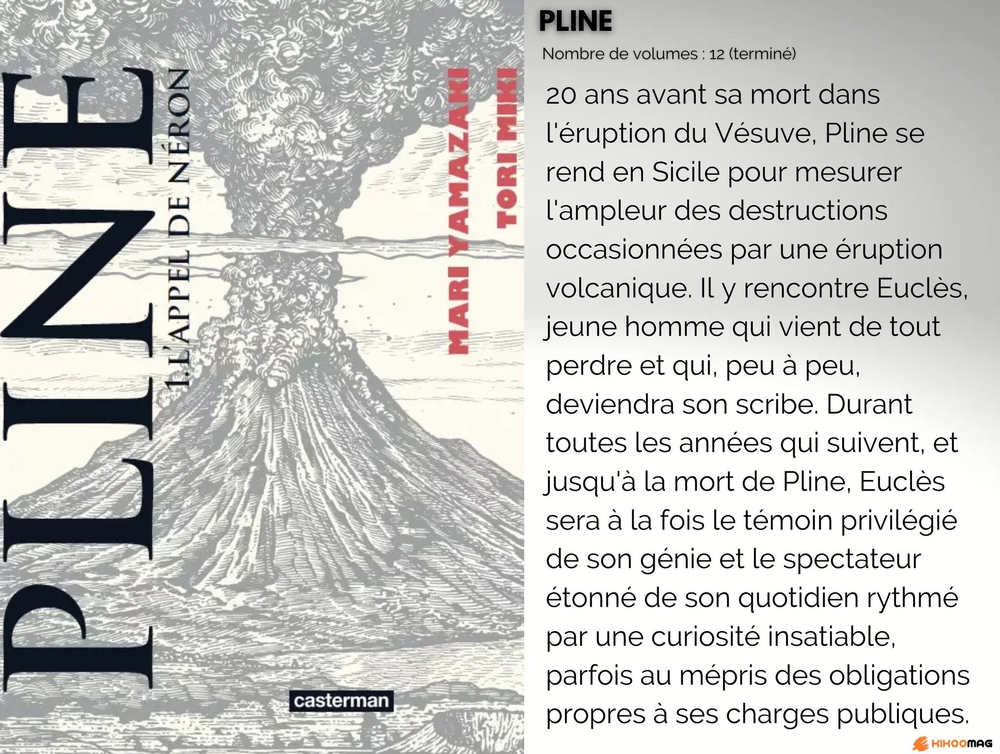 Couverture du tome 1 de Pline chez Casterman, un volcan en éruption, avec sa fiche&nbsp;: 12 volumes, terminé