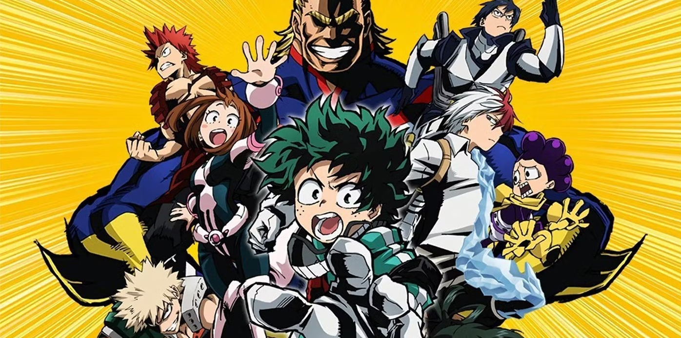 Deku, All Might et les élèves de My Hero Academia sur fond jaune