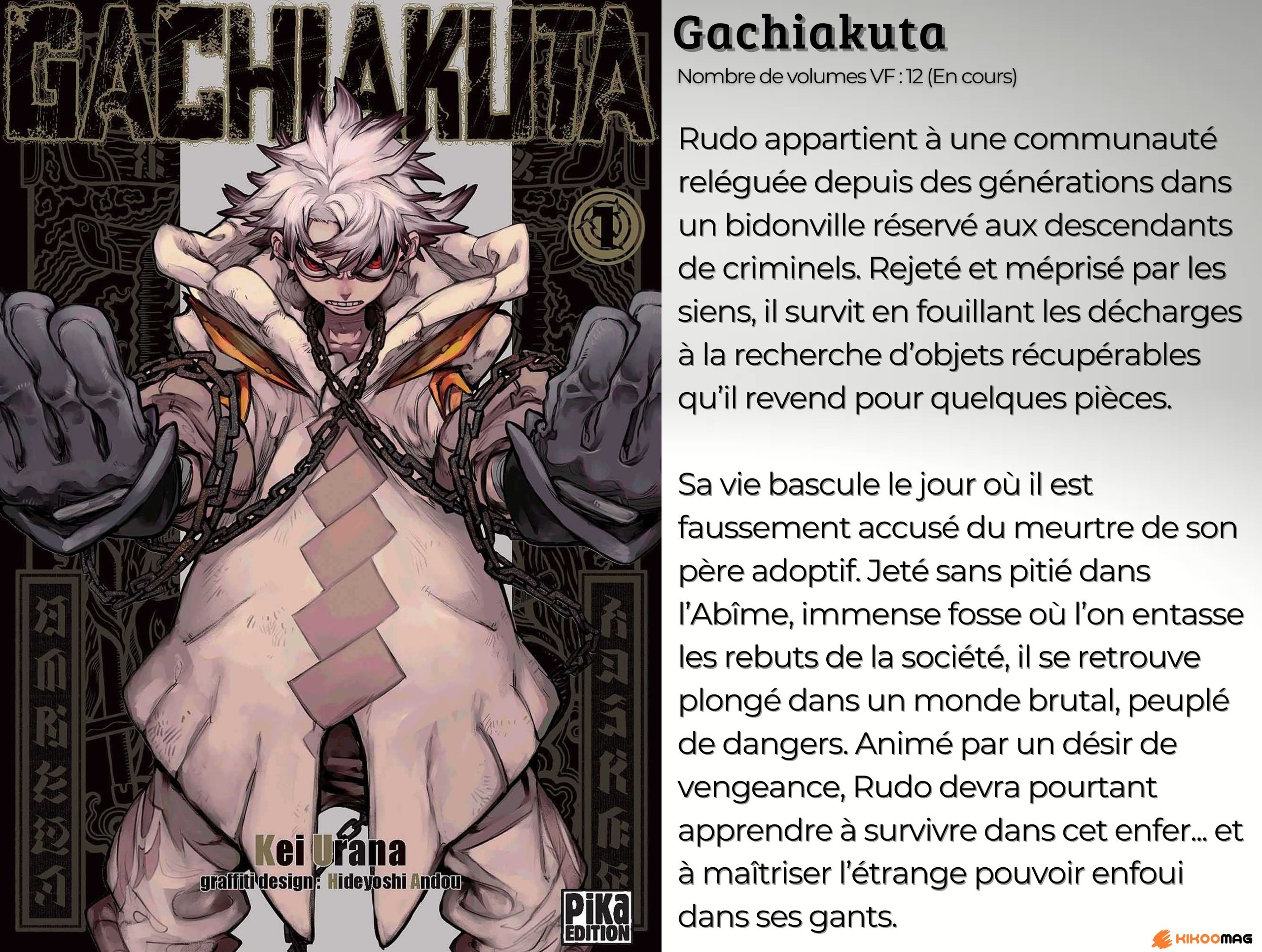Fiche de Gachiakuta, couverture du tome 1 avec Rudo enchaîné, et résumé de l’histoire