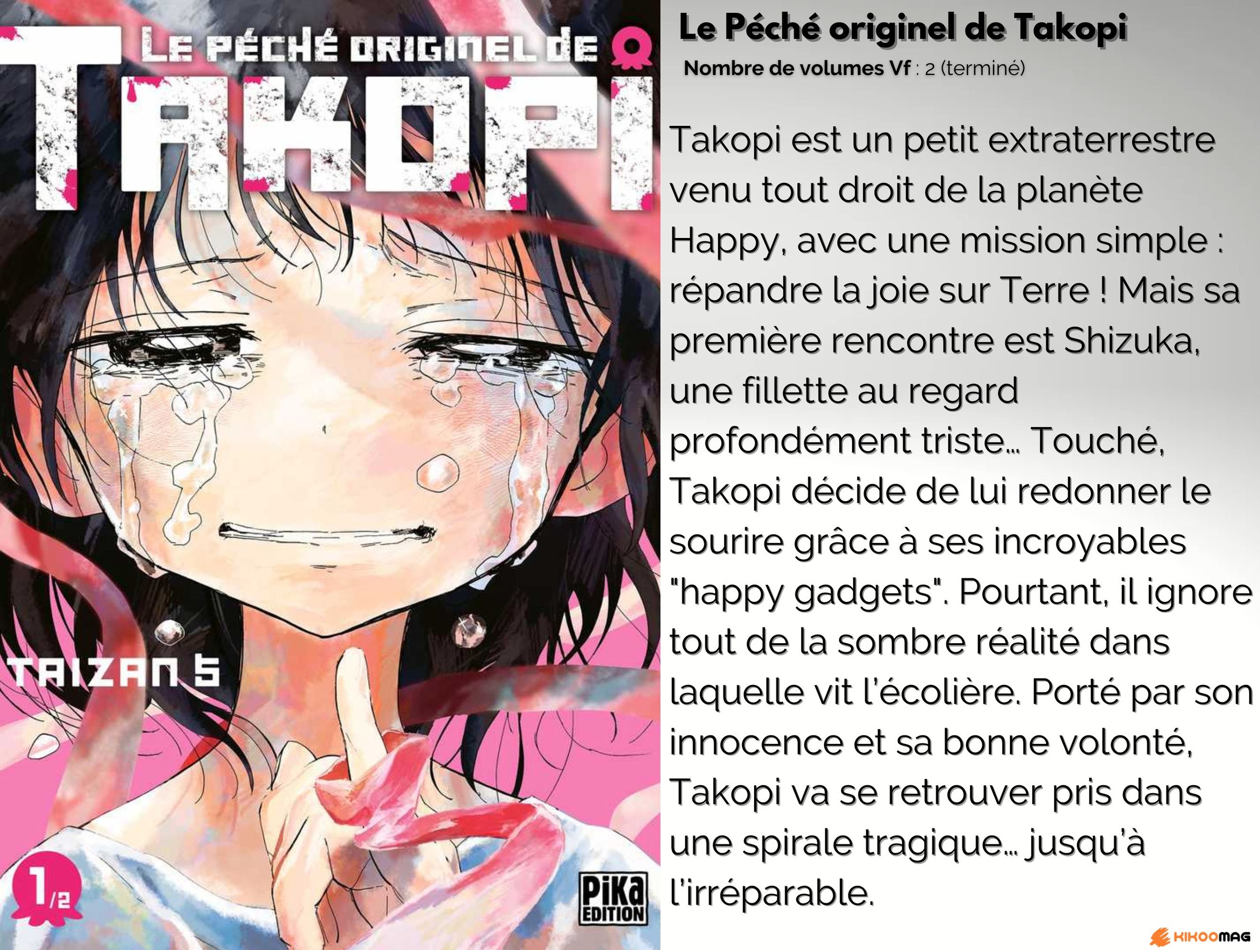 Fiche du Péché originel de Takopi, couverture du tome 1 avec Shizuka en larmes, et résumé