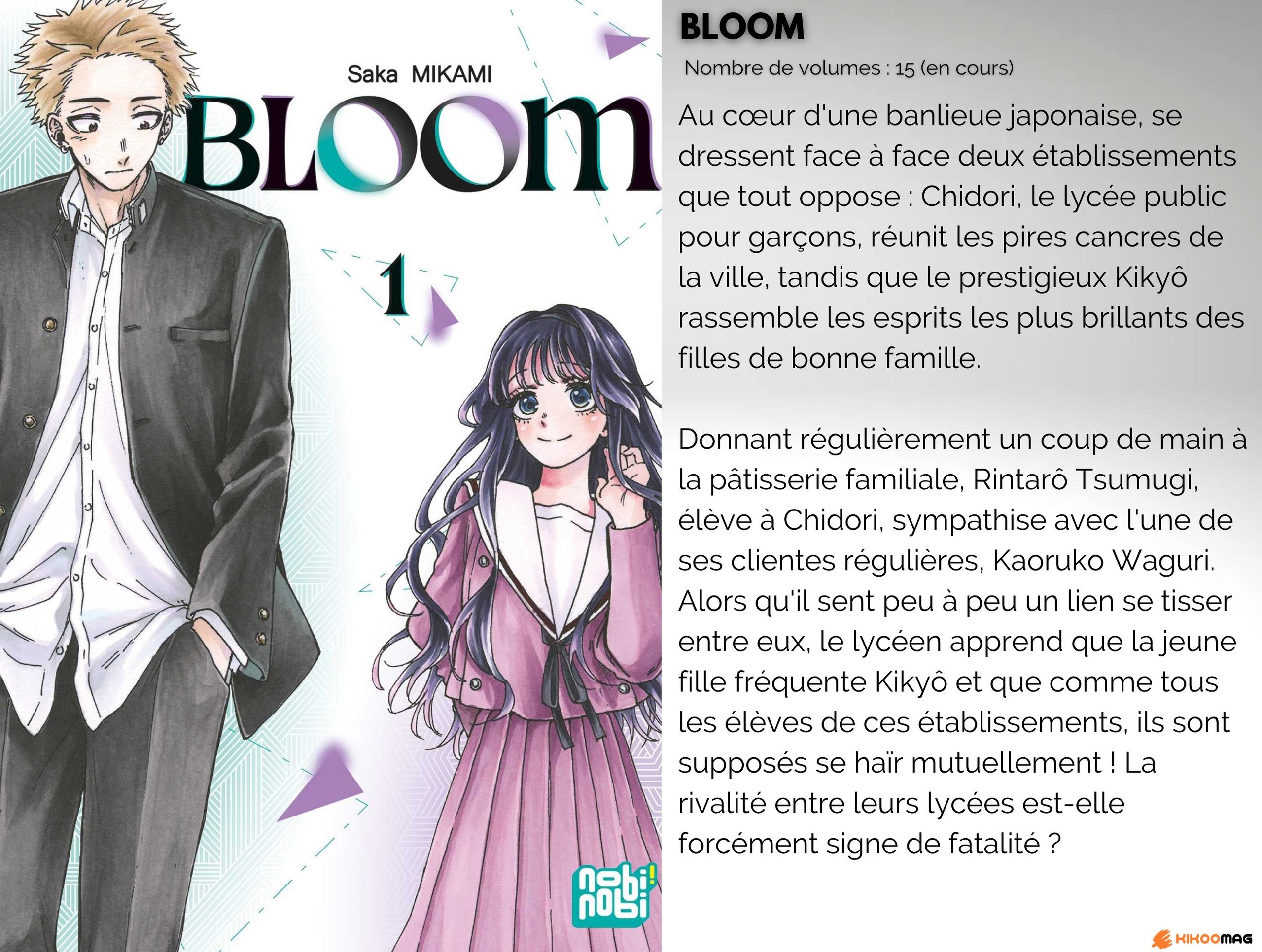 Fiche de Bloom, couverture du tome 1 avec Rintarô et Kaoruko, et résumé de l’histoire
