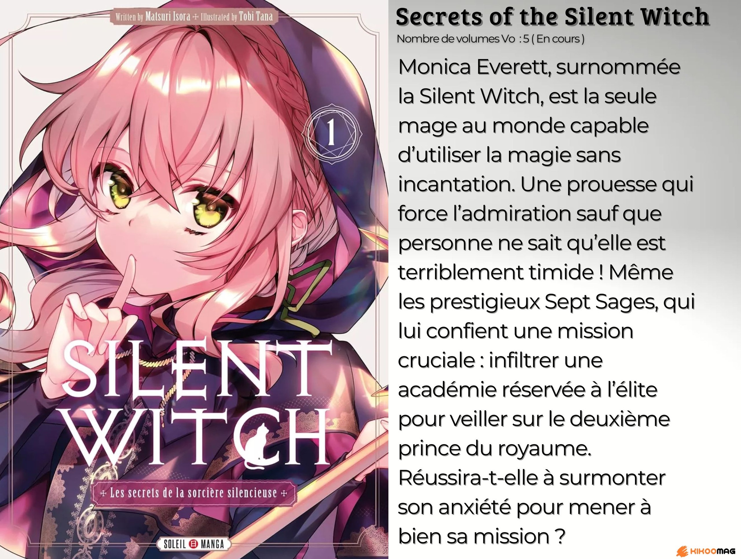 Fiche de Secrets of the Silent Witch, couverture du tome 1 avec Monica Everett, doigt sur la bouche, et résumé