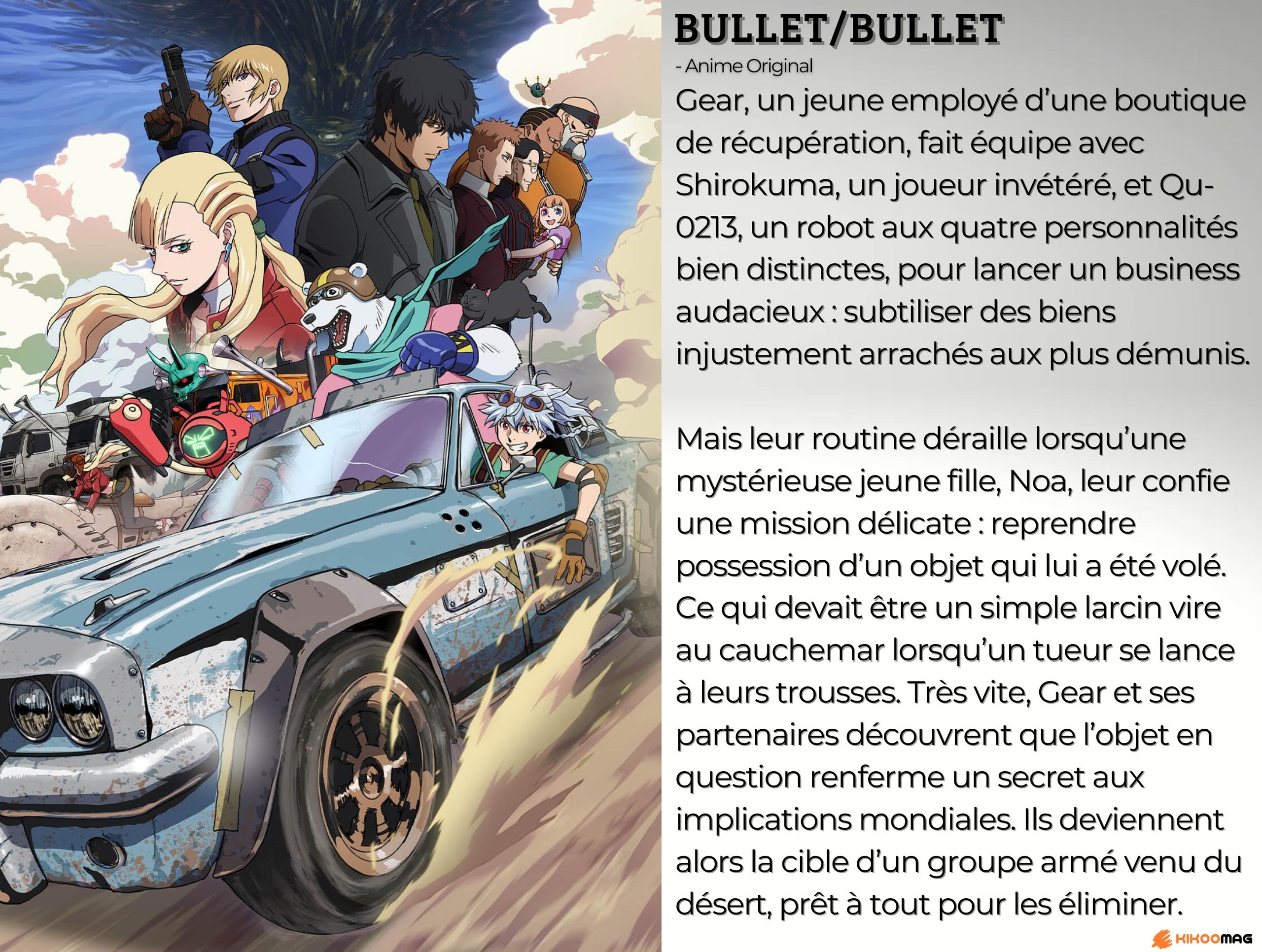 Fiche de BULLET/BULLET&nbsp;: affiche avec une bande de personnages dans une voiture cabossée, et résumé