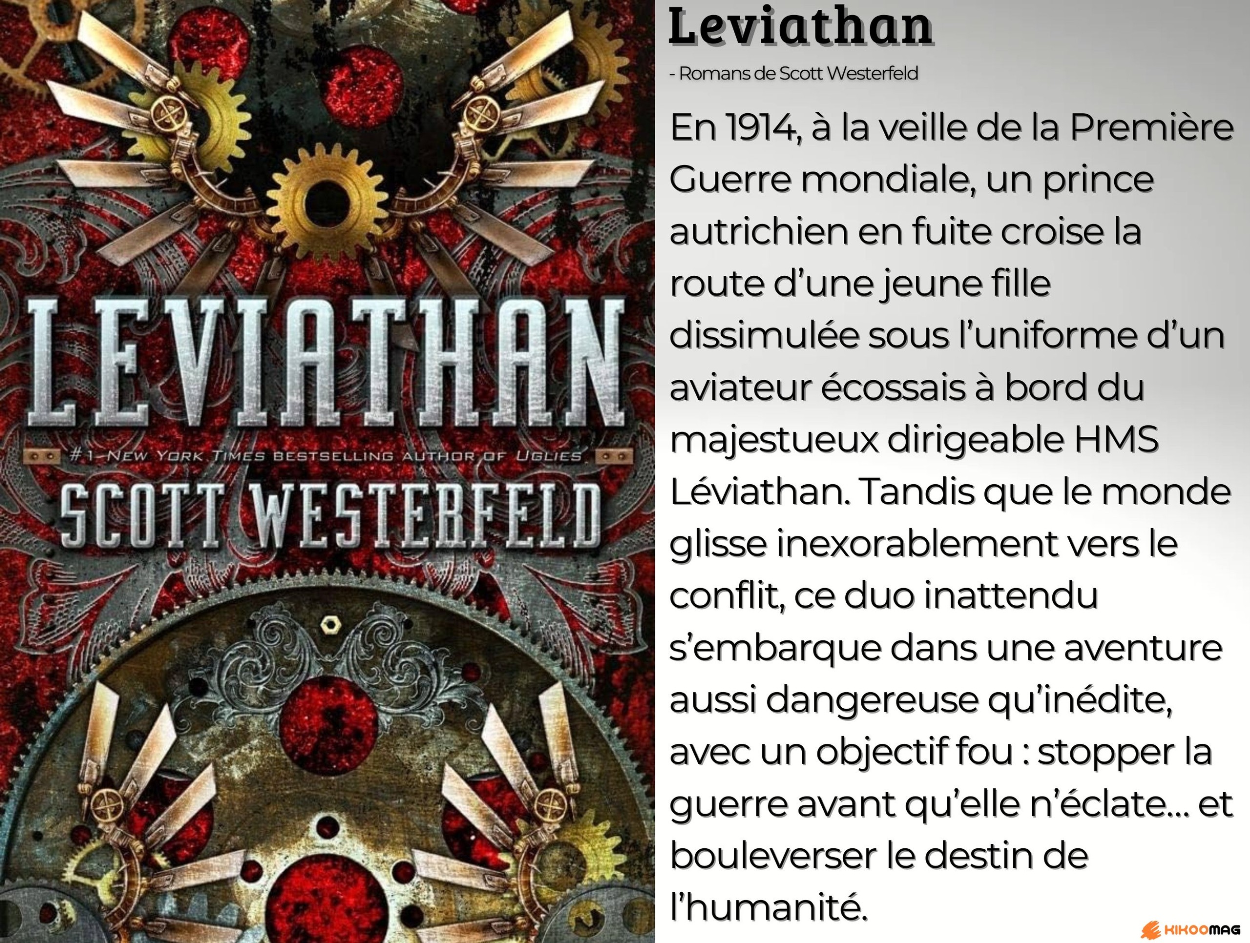 Fiche de Leviathan, couverture du roman de Scott Westerfeld ornée d’engrenages, et résumé