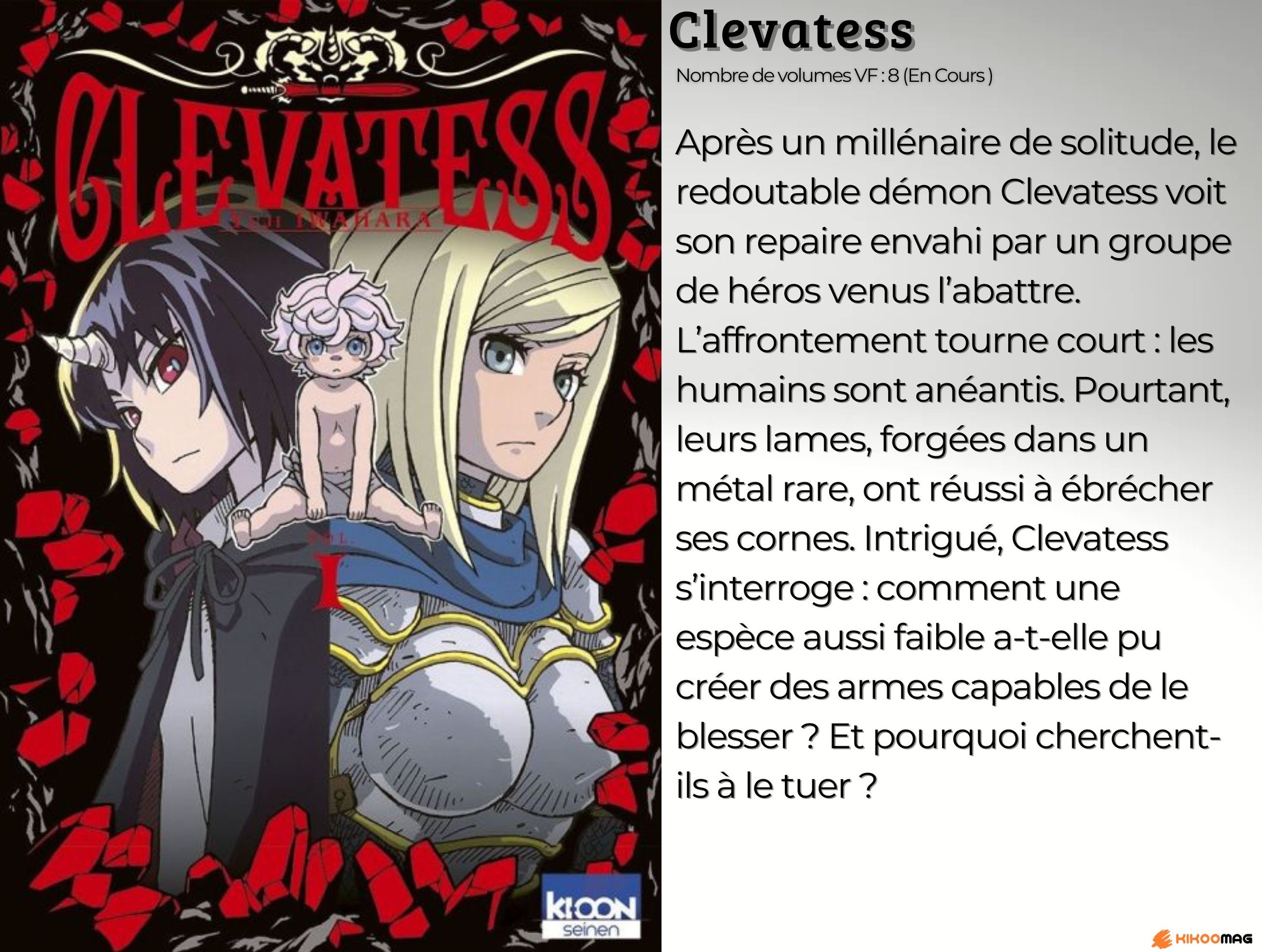 Fiche de Clevatess, couverture du tome 1 avec le démon, un bébé et une chevalière, et résumé
