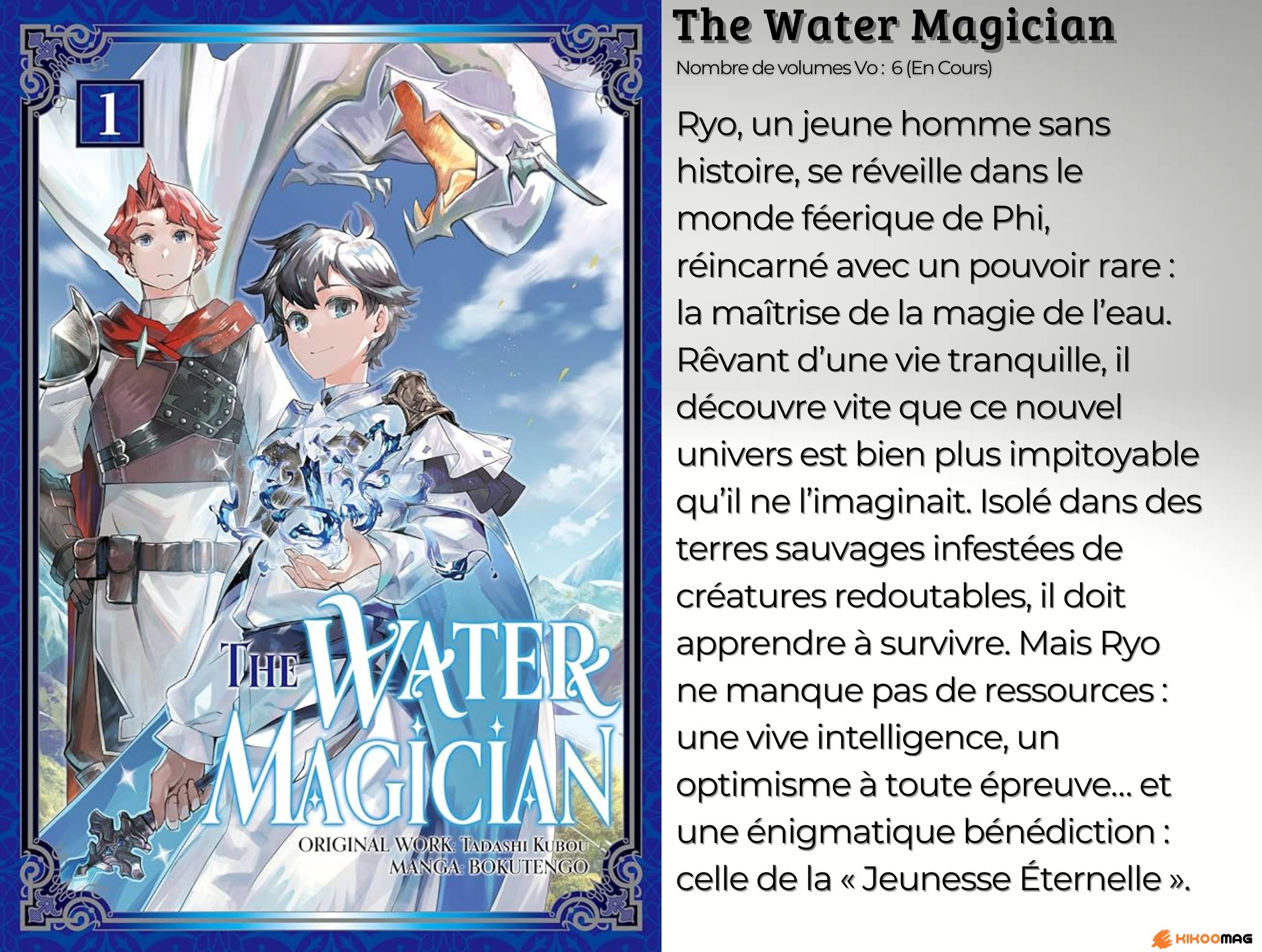 Fiche de The Water Magician, couverture du tome 1 avec Ryo maniant l’eau sous un dragon, et résumé