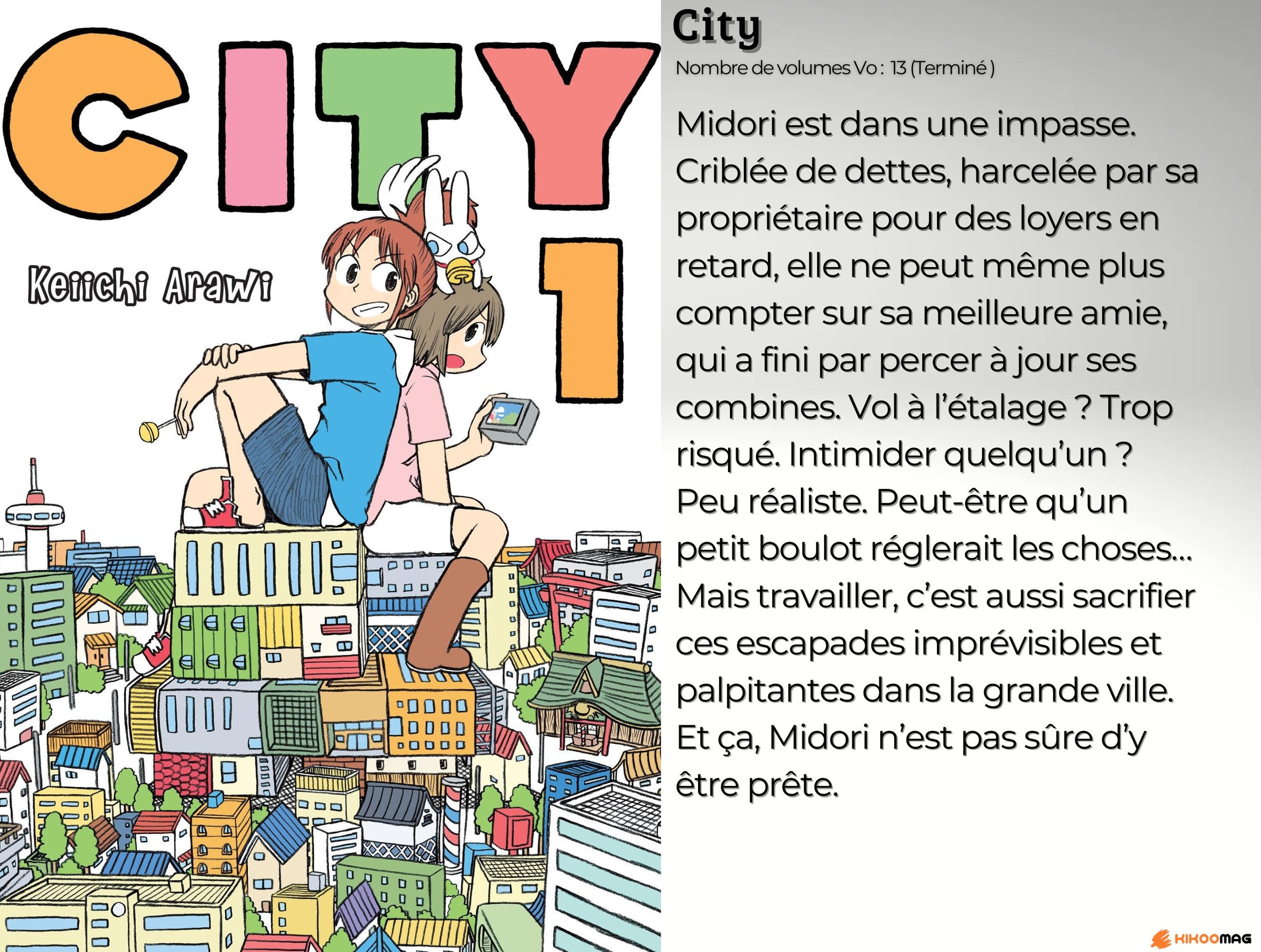 Fiche de City, couverture du tome 1 avec deux jeunes femmes assises sur une ville, et résumé