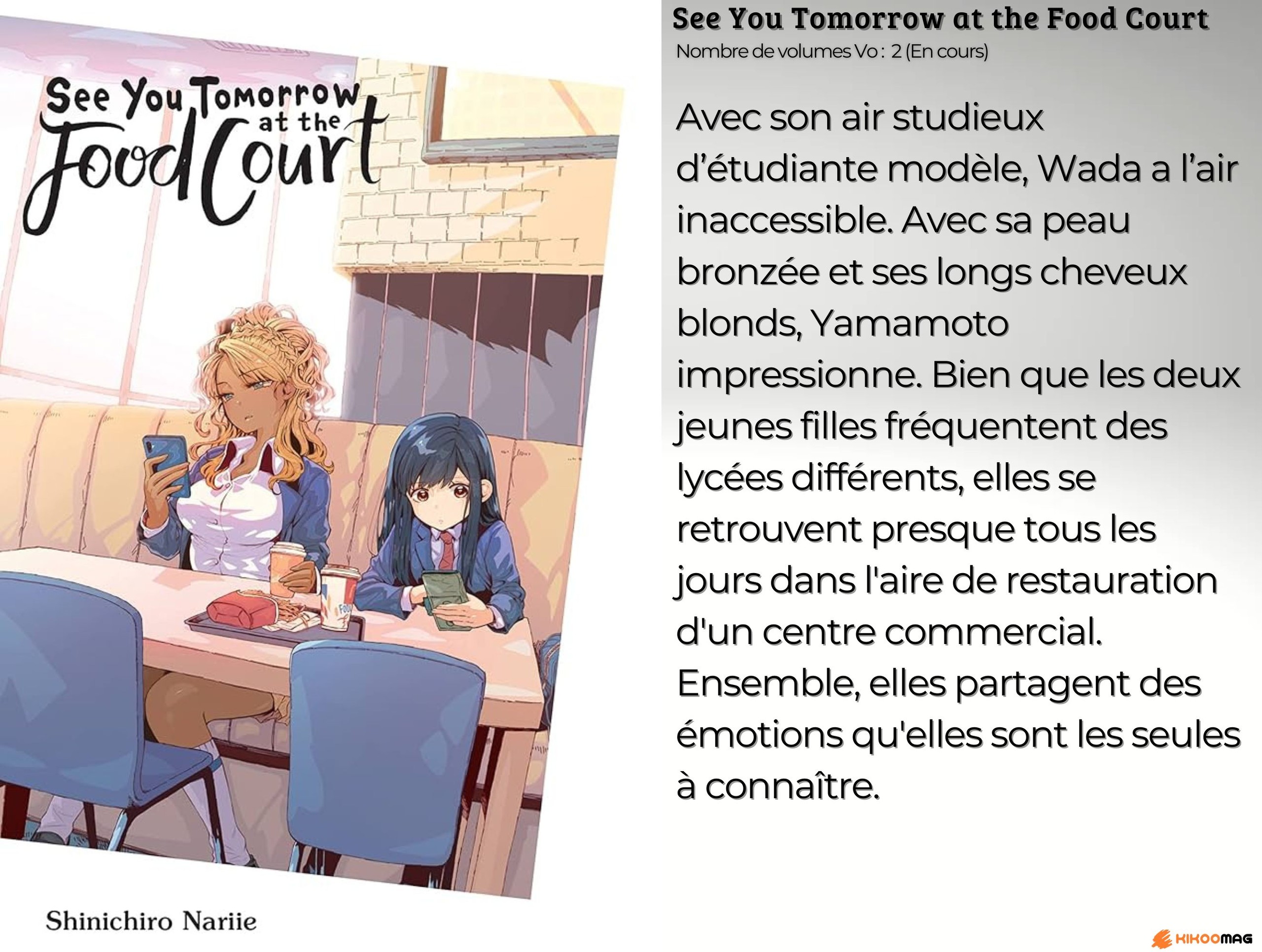 Fiche de See You Tomorrow at the Food Court, couverture avec deux lycéennes à une table de fast-food, et résumé
