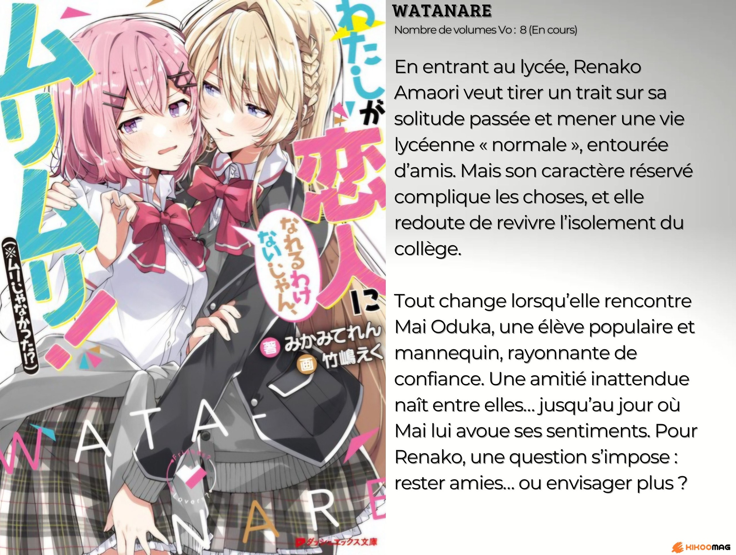 Fiche de Watanare, couverture japonaise avec Renako et Mai en uniforme, et résumé de l’histoire