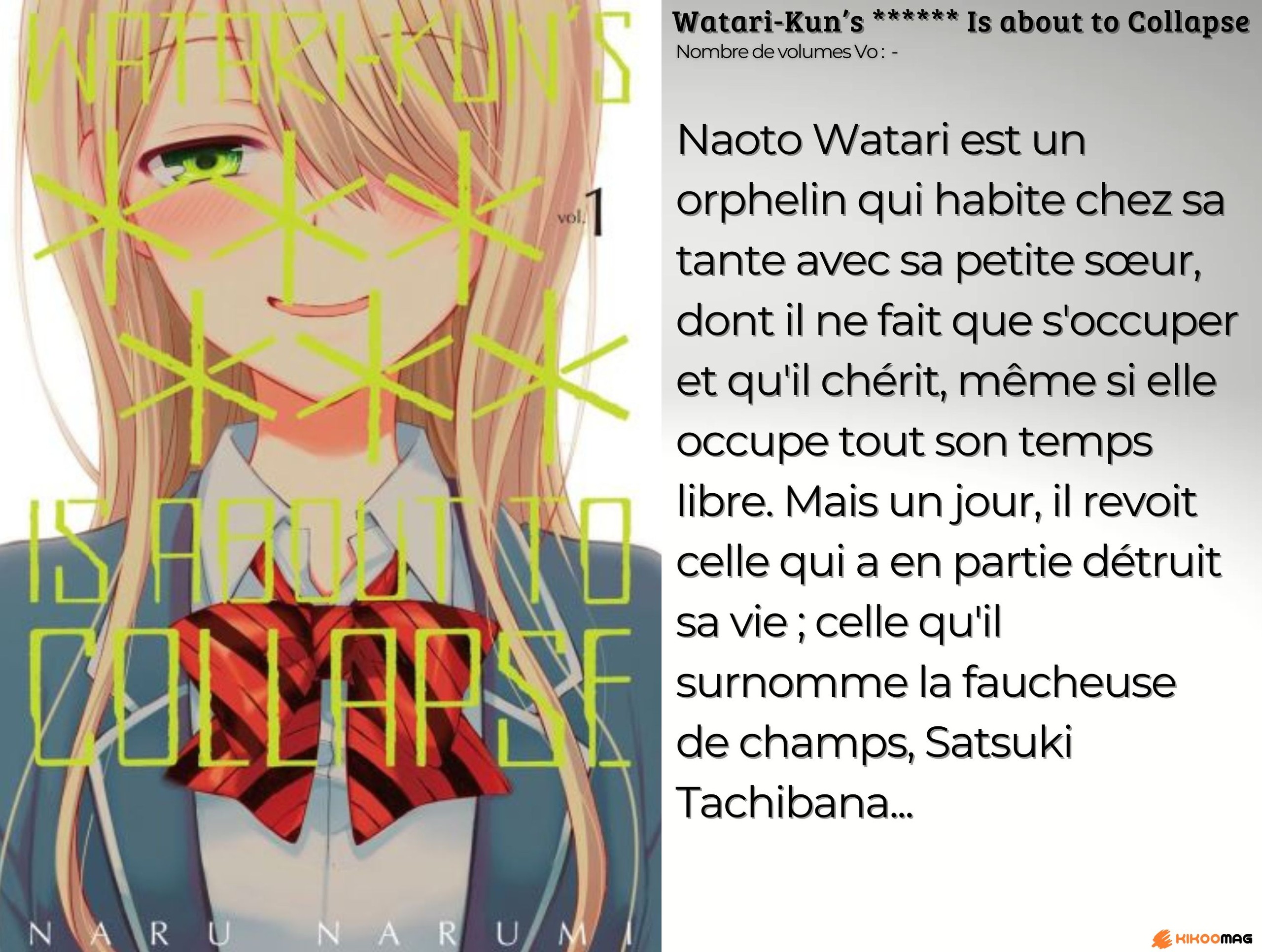 Fiche de Watari-Kun’s ****** Is about to Collapse, couverture du tome 1 avec une lycéenne blonde, et résumé
