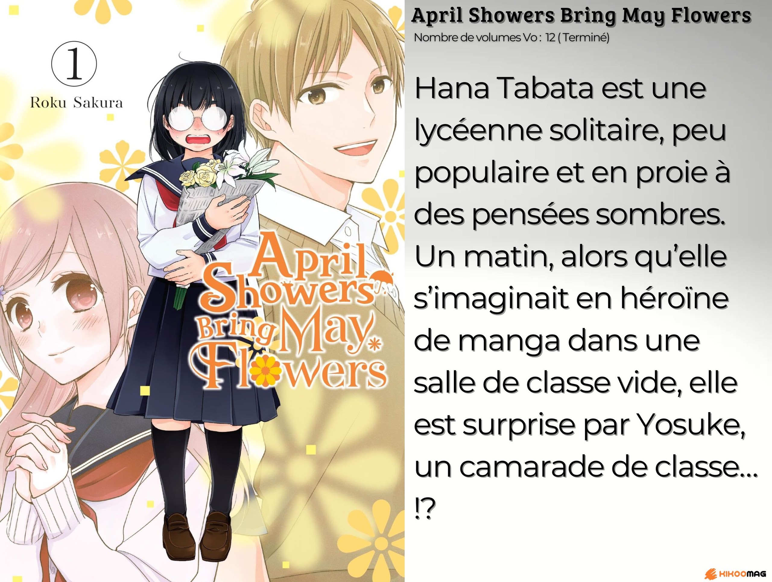 Fiche d’April Showers Bring May Flowers, couverture du tome 1 avec une lycéenne à lunettes et un bouquet, et résumé