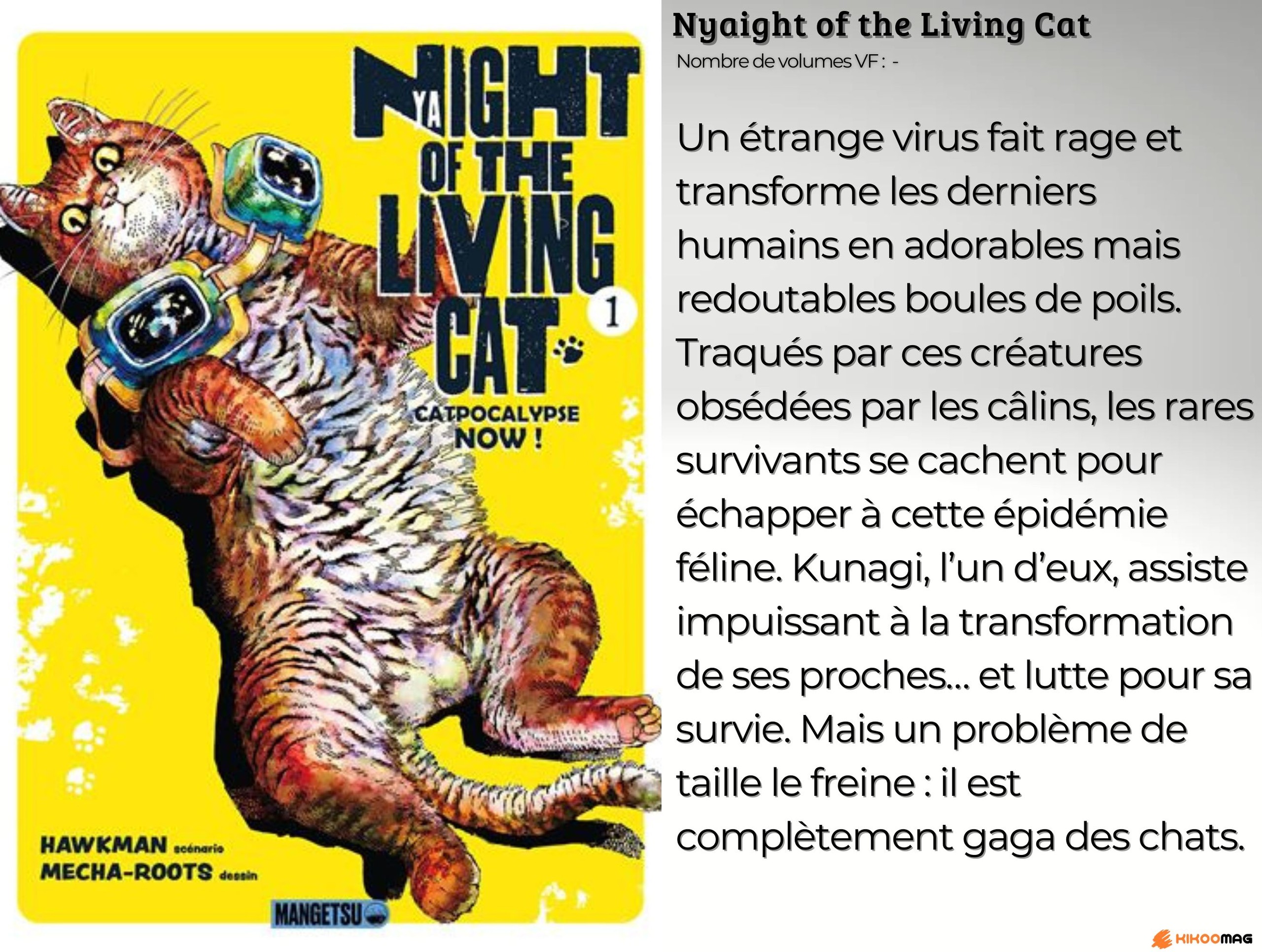 Fiche de Nyaight of the Living Cat, couverture du tome 1 avec un chat tigré sur fond jaune, et résumé