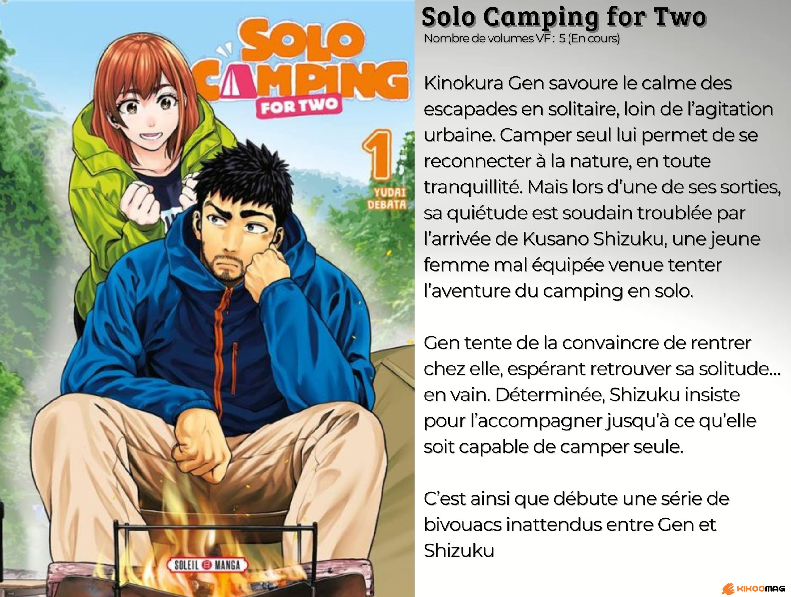Fiche de Solo Camping for Two, couverture du tome 1 avec Gen et Shizuku devant un feu, et résumé