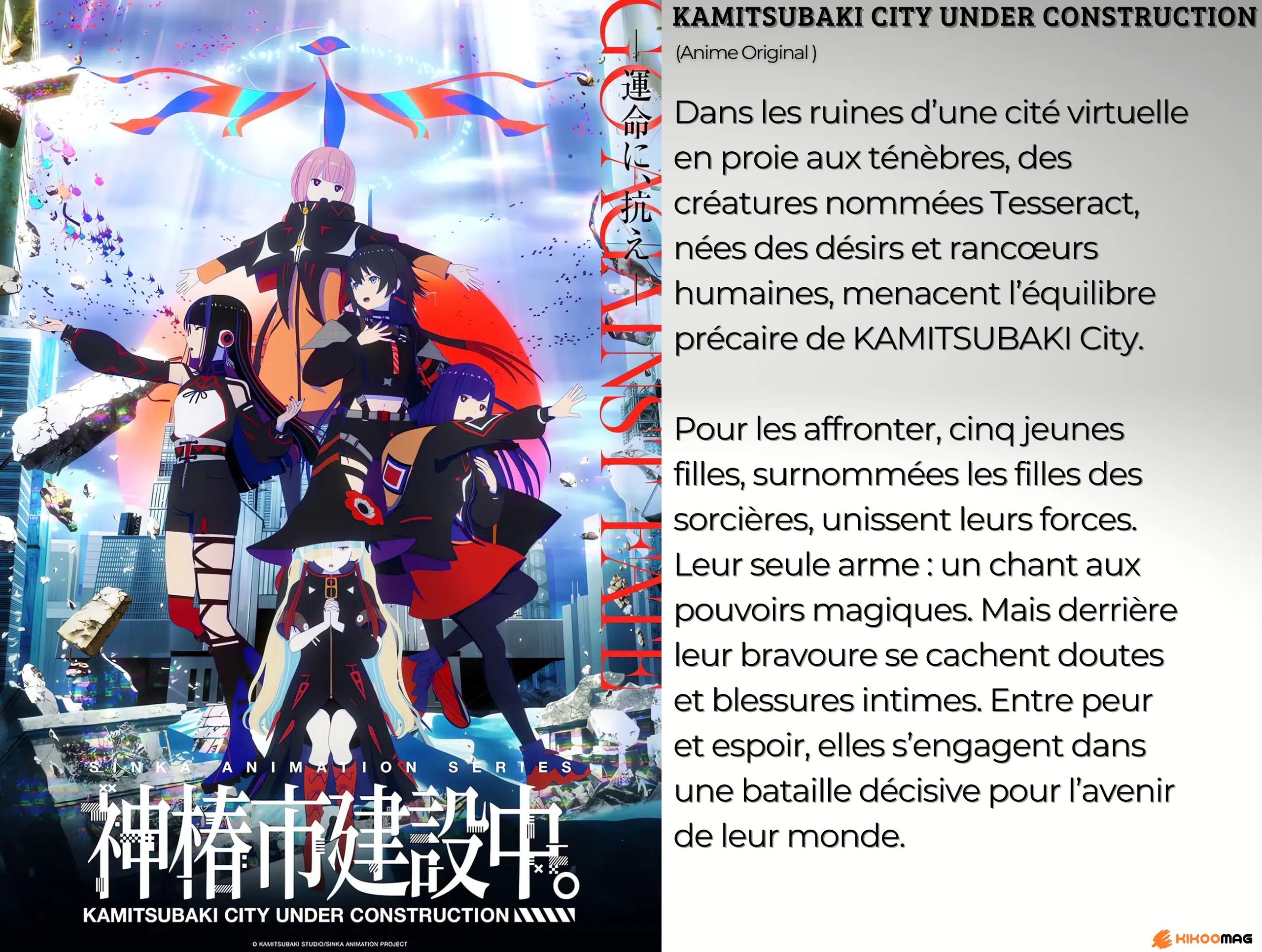 Fiche de Kamitsubaki City Under Construction&nbsp;: affiche avec cinq jeunes filles dans une ville en ruines, et résumé
