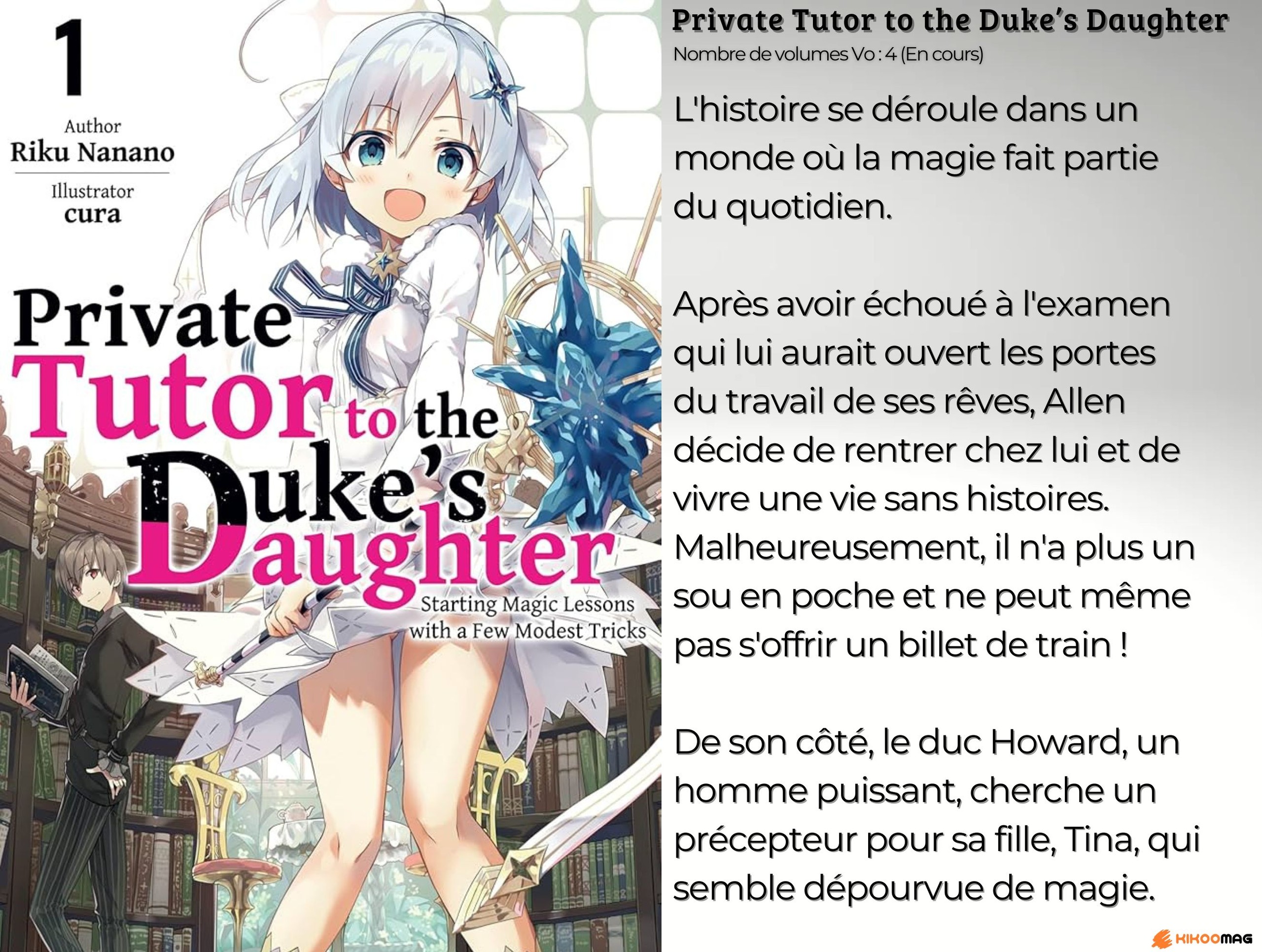 Fiche de Private Tutor to the Duke’s Daughter, couverture du light novel 1 avec un précepteur et une jeune noble, et résumé