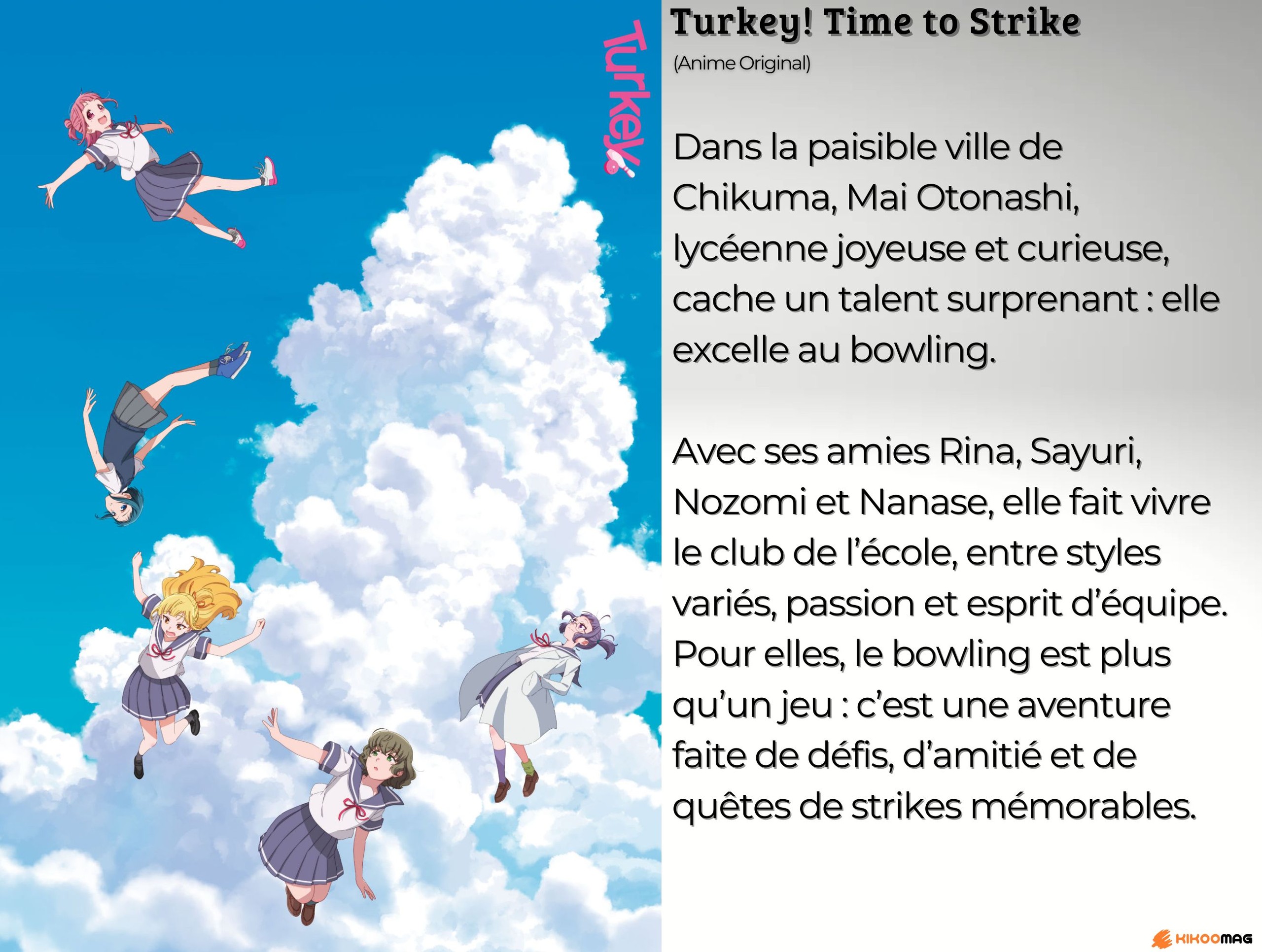 Fiche de Turkey! Time to Strike&nbsp;: affiche avec cinq lycéennes flottant dans un ciel nuageux, et résumé