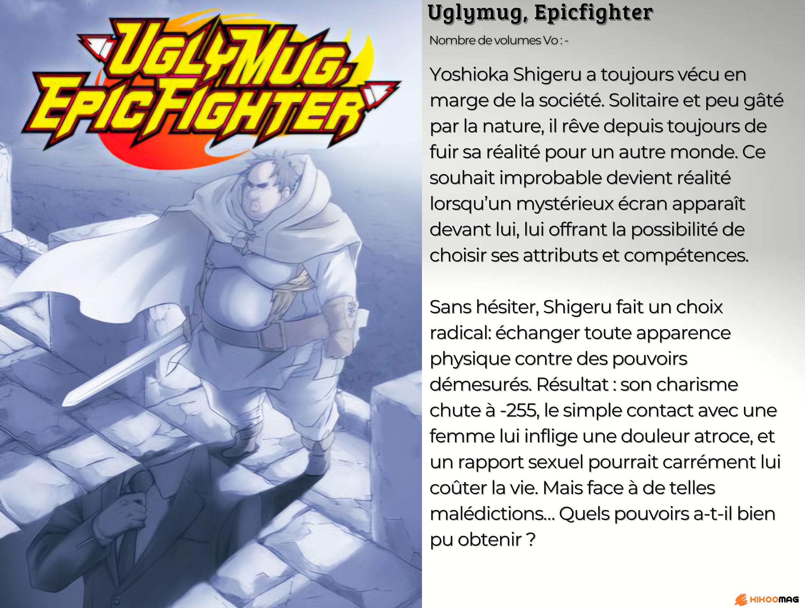 Fiche d’Uglymug, Epicfighter&nbsp;: visuel du héros en cape blanche, épée au côté, et résumé
