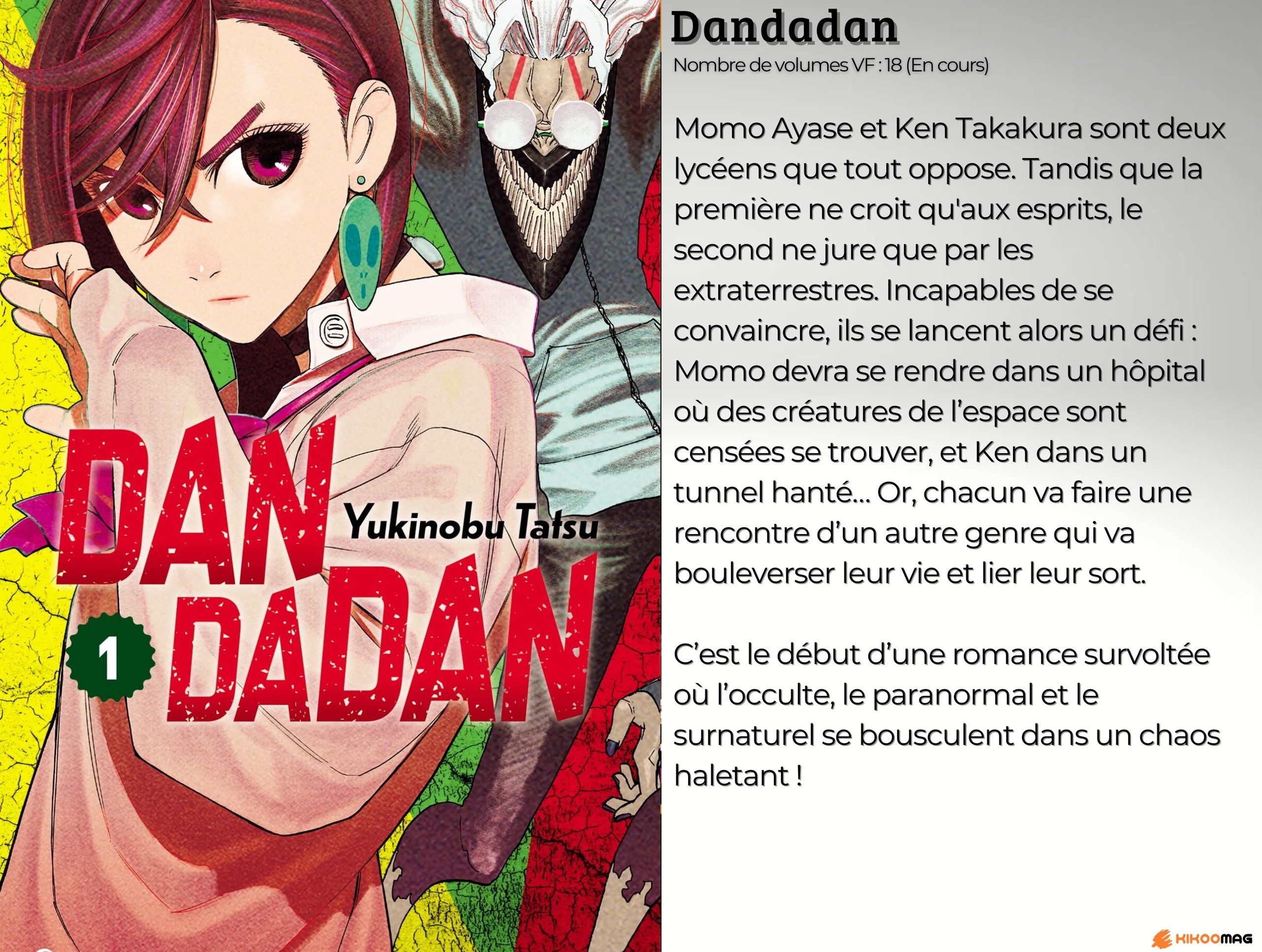 Fiche de Dandadan, couverture du tome 1 avec Momo Ayase et une créature au visage peint, et résumé