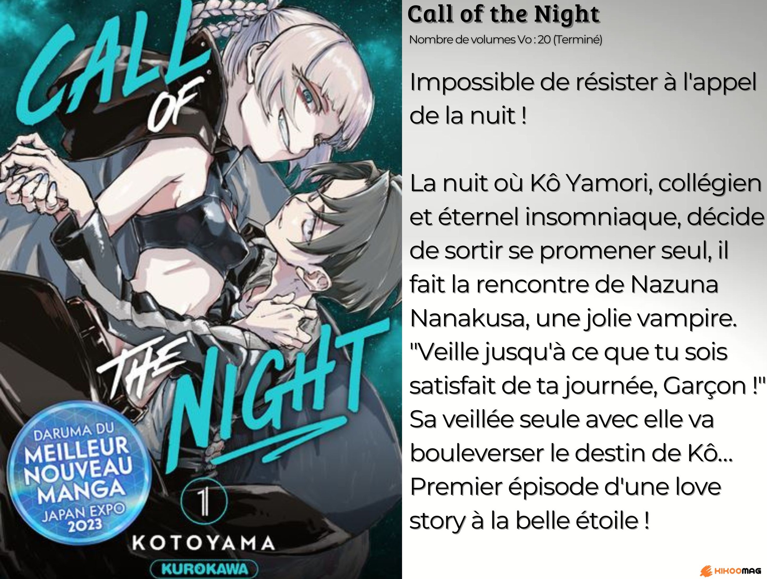 Fiche de Call of the Night, couverture du tome 1 avec Nazuna enlaçant Kô sur fond étoilé, et résumé