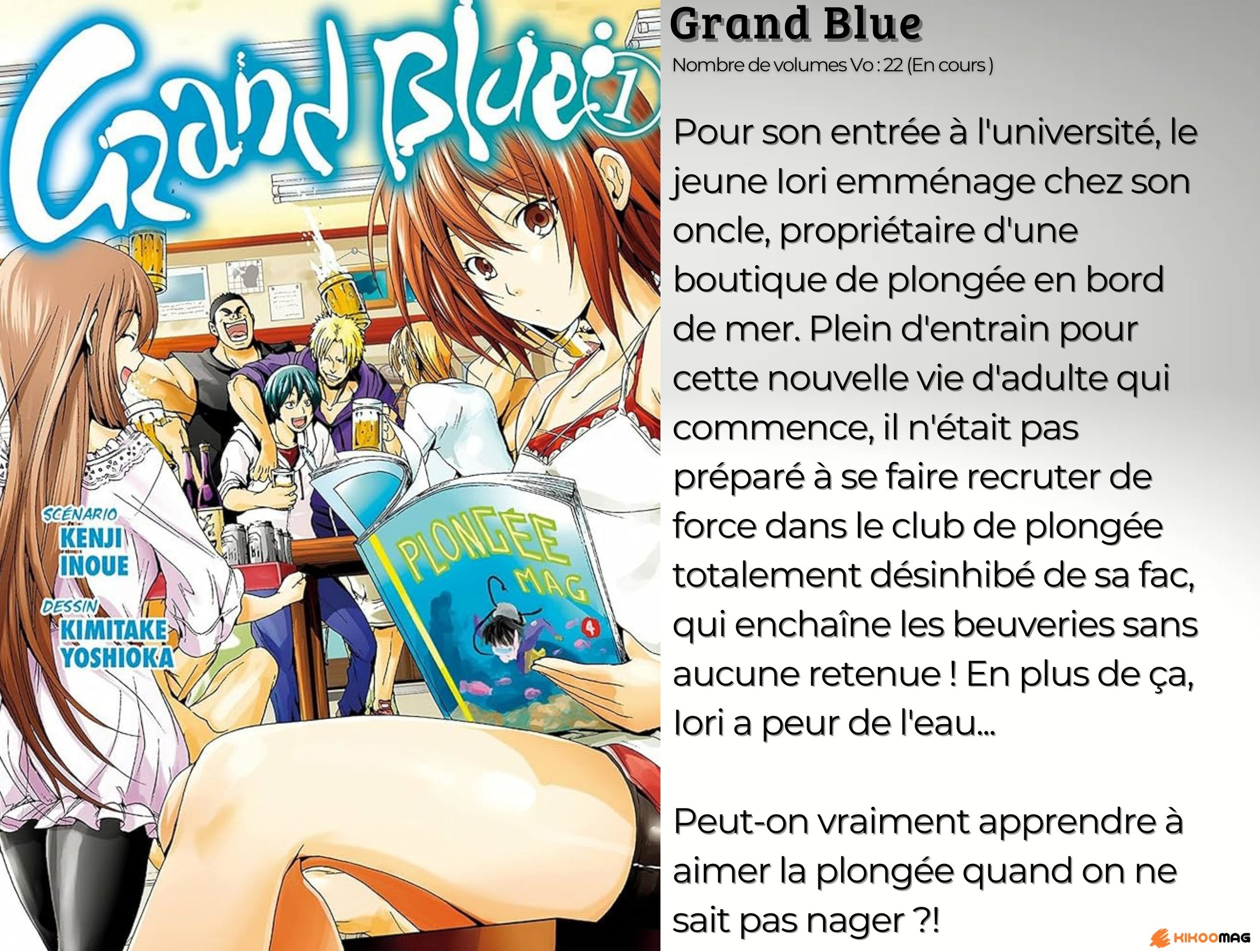 Fiche de Grand Blue, couverture du tome 1 avec les étudiants du club de plongée, et résumé