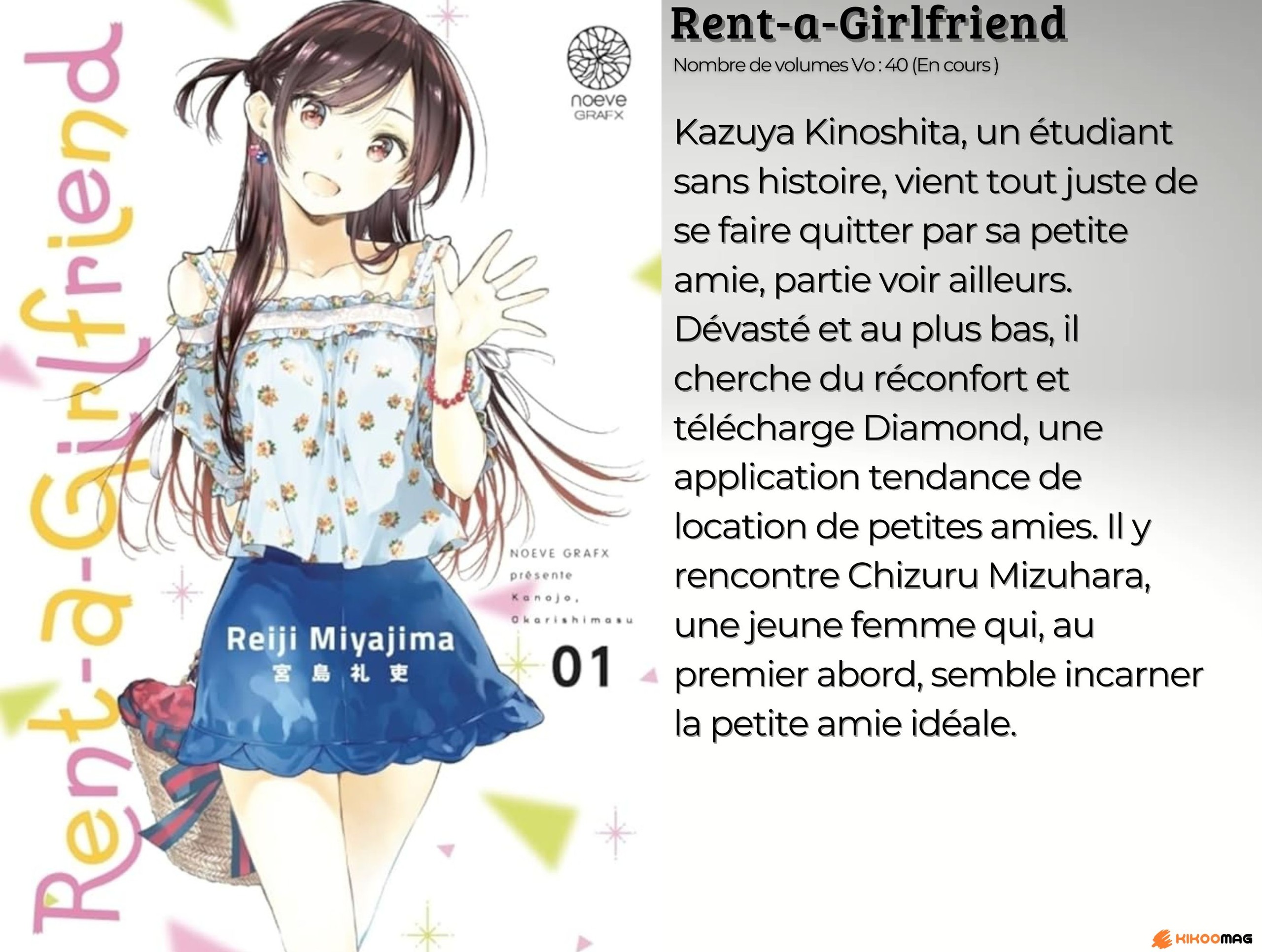 Fiche de Rent-a-Girlfriend, couverture du tome 1 avec Chizuru Mizuhara faisant signe de la main, et résumé