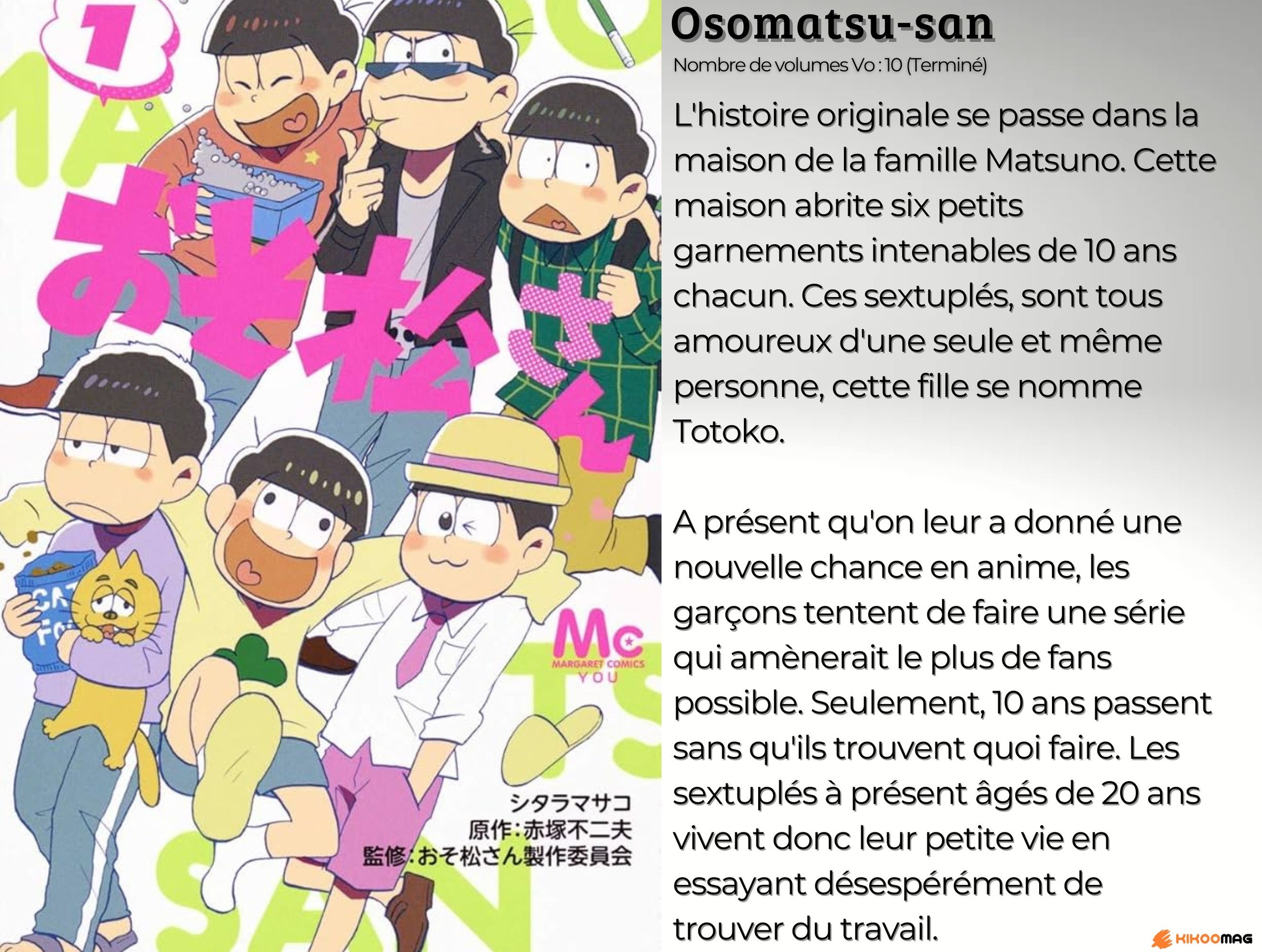 Fiche d’Osomatsu-san, couverture japonaise du tome 1 avec les six frères Matsuno, et résumé