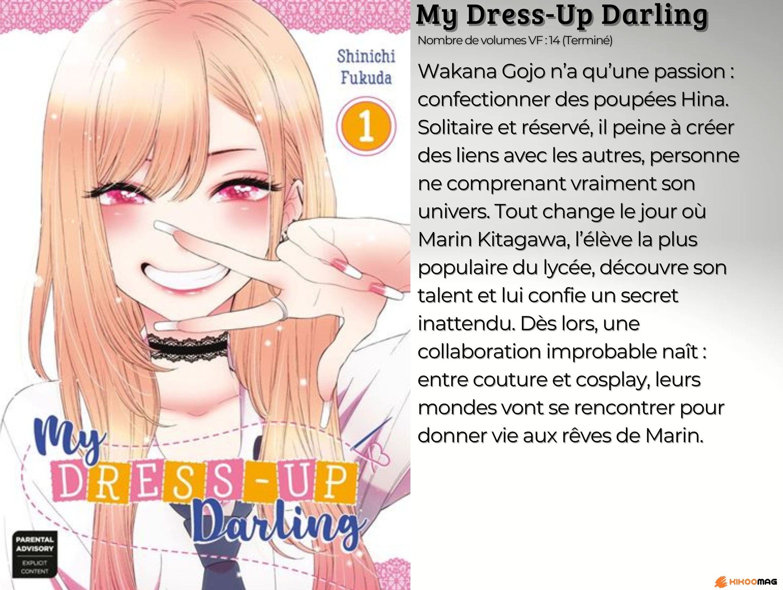 Fiche de My Dress-Up Darling, couverture du tome 1 avec Marin Kitagawa souriante, et résumé