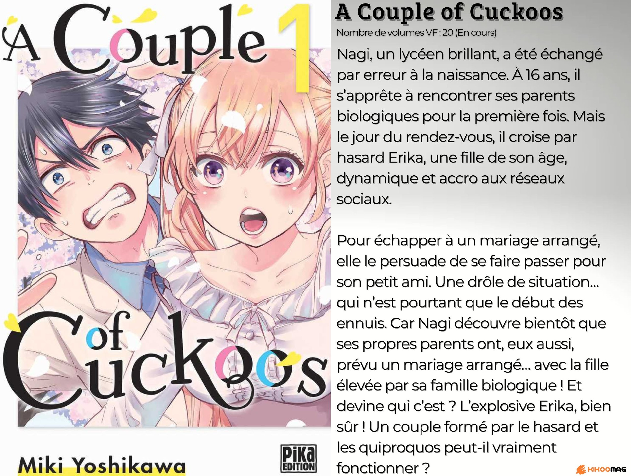 Fiche de A Couple of Cuckoos, couverture du tome 1 avec un lycéen et une lycéenne, et résumé