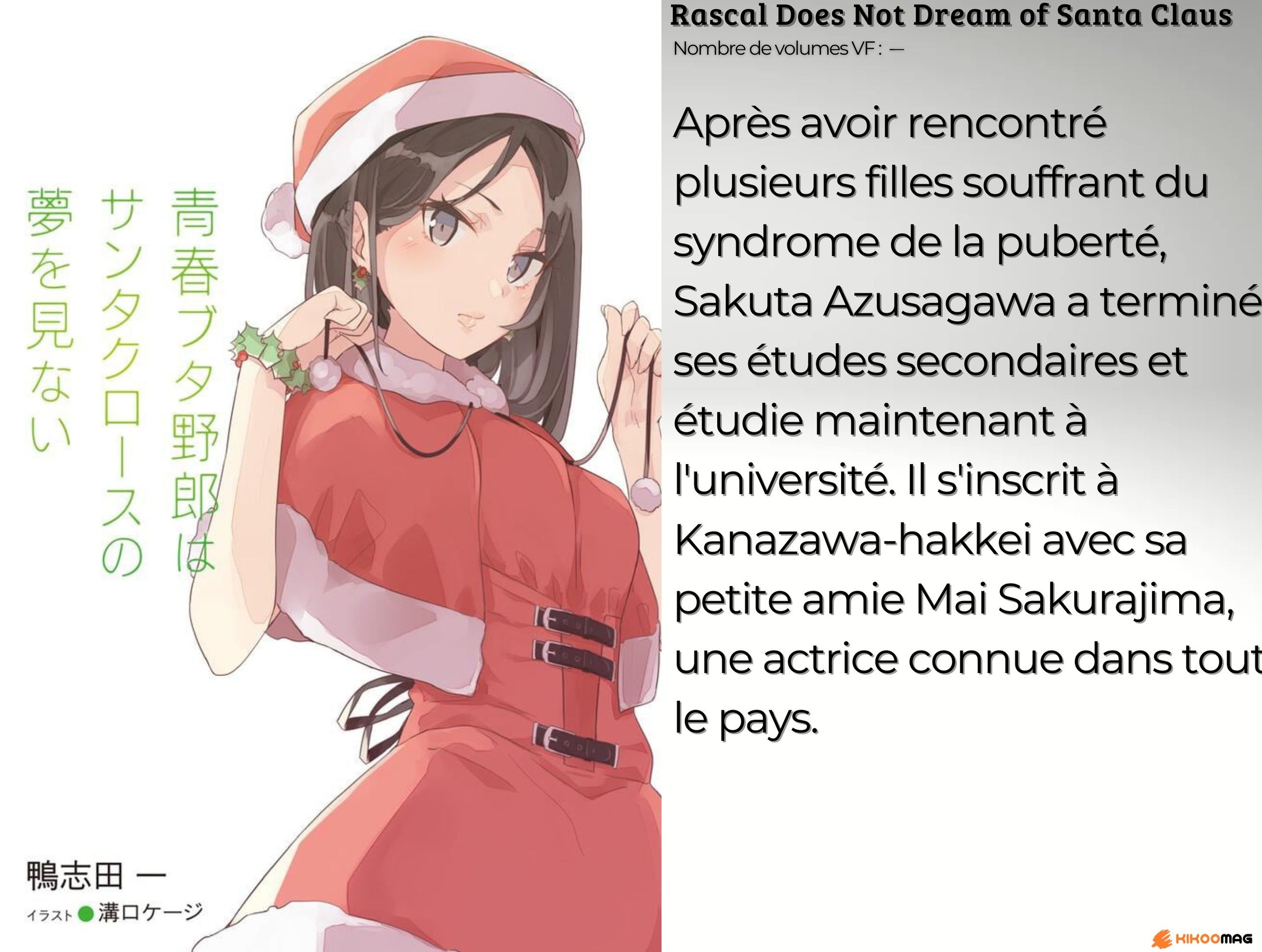 Fiche de Rascal Does Not Dream of Santa Claus, couverture japonaise avec une jeune femme en tenue de Noël, et résumé