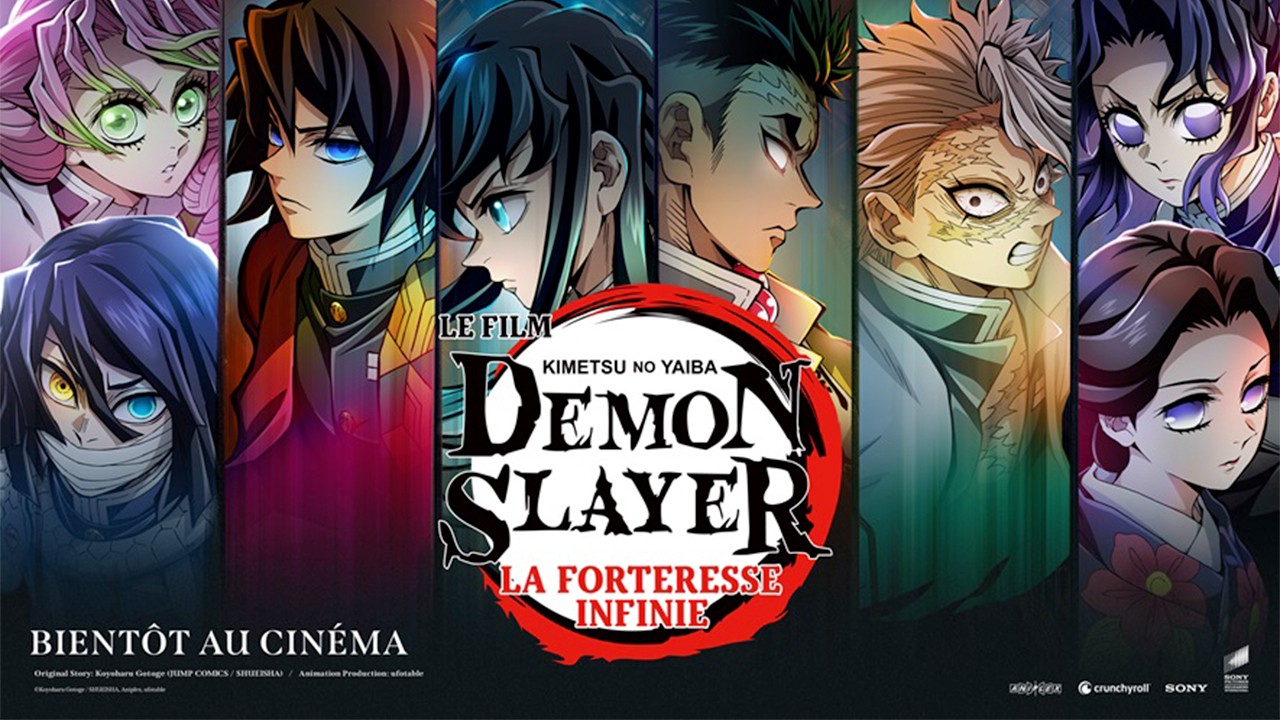 Affiche française du film Demon Slayer&nbsp;: La Forteresse Infinie avec les Piliers, mention «&nbsp;Bientôt au cinéma&nbsp;»