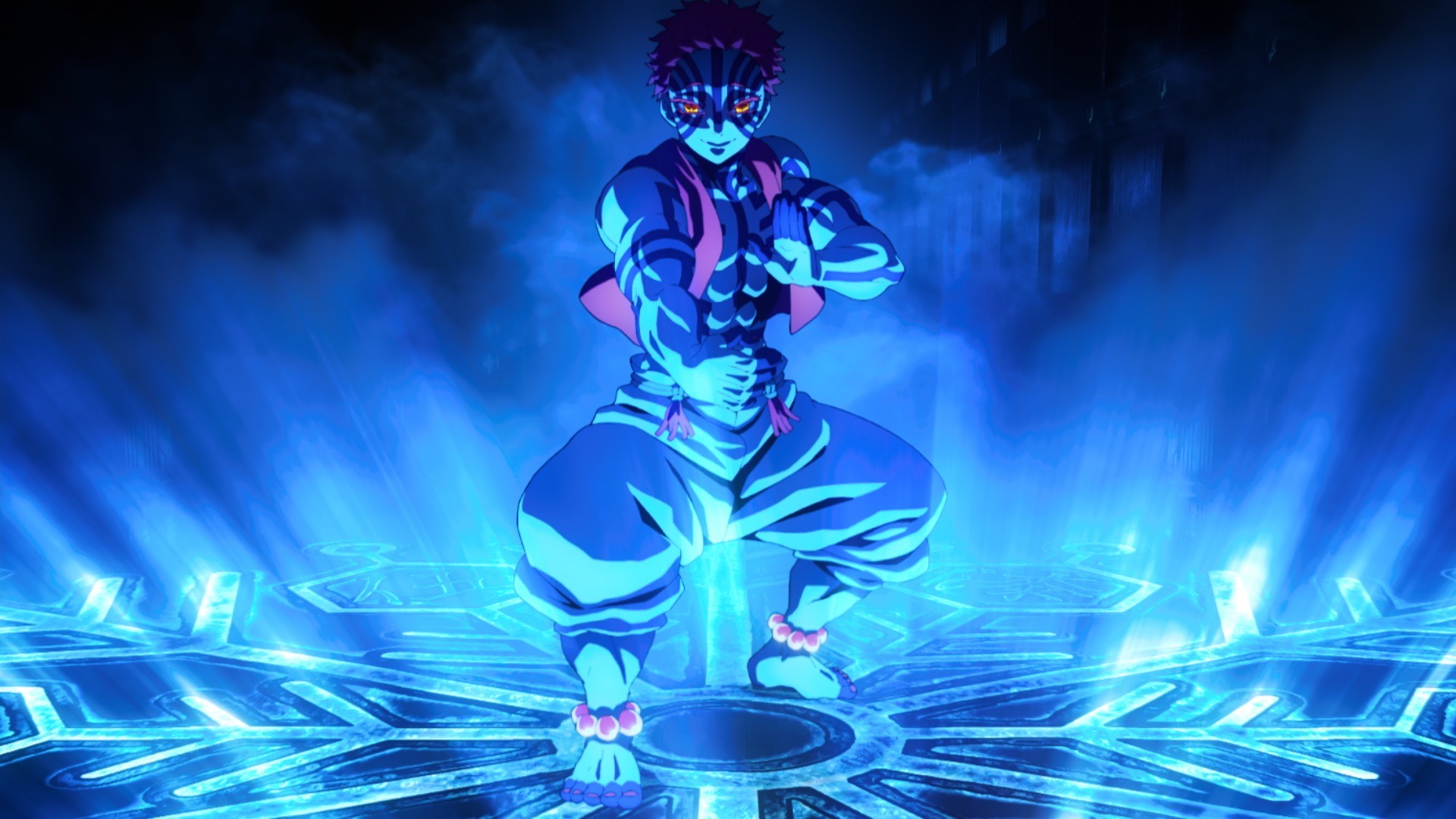 Akaza en garde au centre d’un sol gravé illuminé de bleu