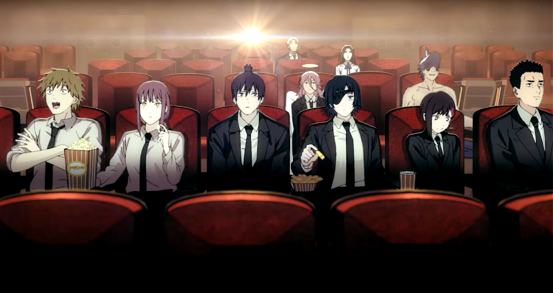 Denji, Makima, Aki et d’autres personnages de Chainsaw Man assis en costume dans une salle de cinéma