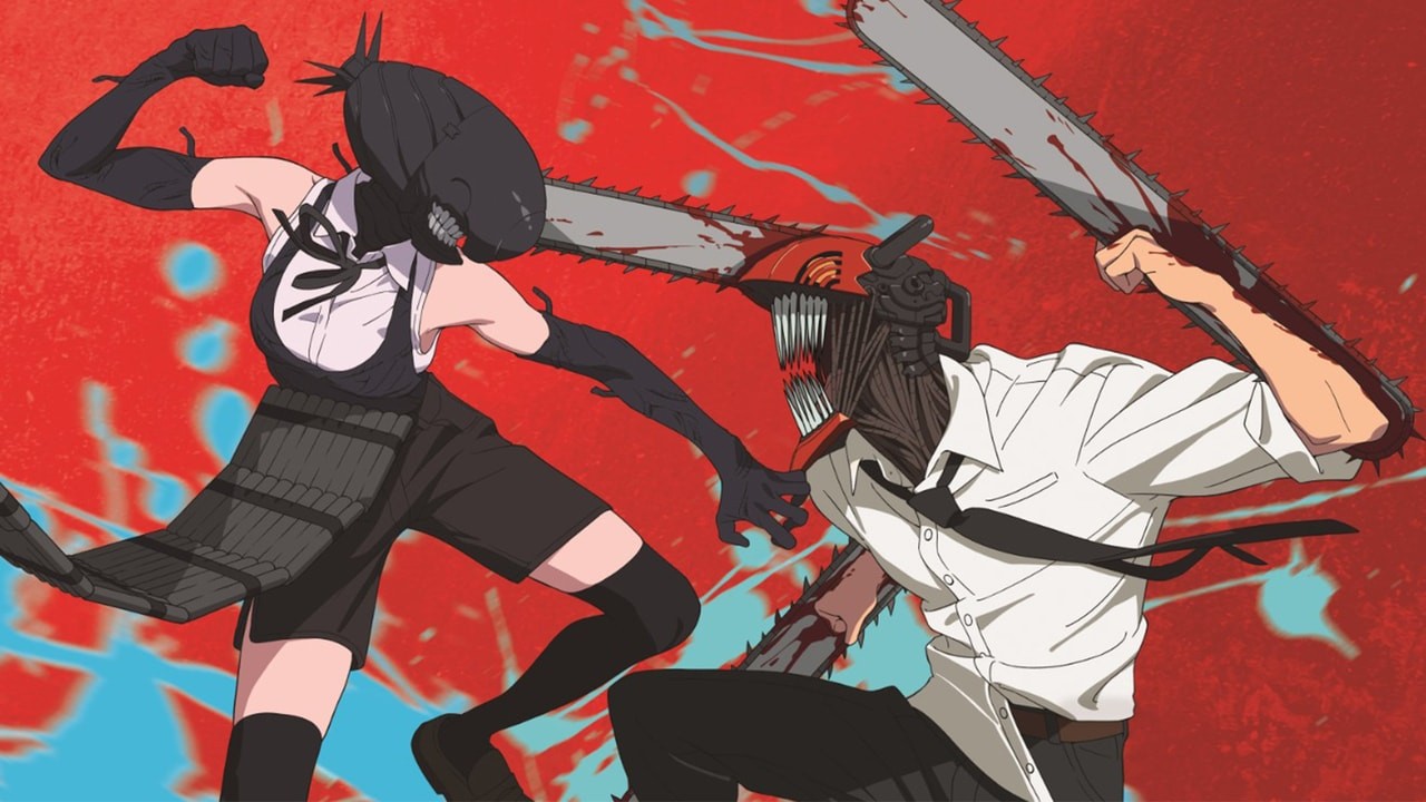 Chainsaw Man, tronçonneuses ensanglantées, face à Reze transformée en démon Bombe, sur fond rouge